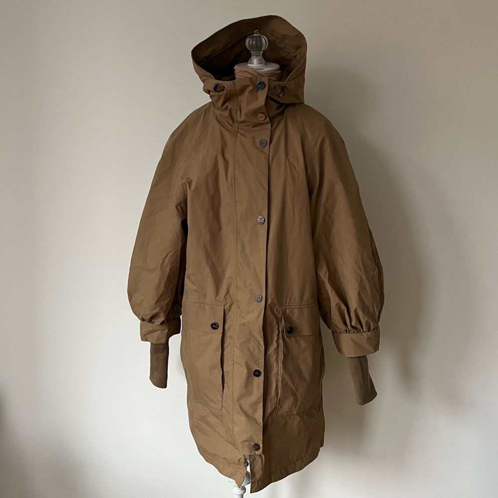 G-lab Tan Zip Button Up Waterproof Double Layered Cotton Hooded Parka Coat Sz L